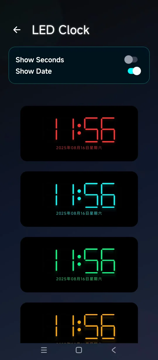 LED clock settings with neon themes, color customization, and display options