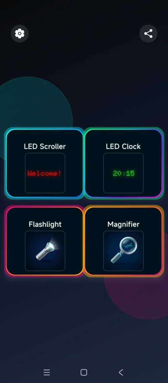 LED Scroller app home screen showing 4-in-1 tools interface with cyberpunk design